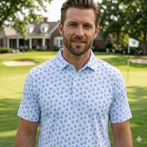 Vineyard Vines Palmero On The Go OTG Polo Mens Large Light Blue Golf AOP Shirt